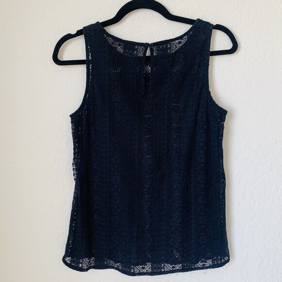 LOFT Blouse XS Navy Blue Sheer Floral Lace Sleeveless Feminine Preppy Career - Picture 2 of 7